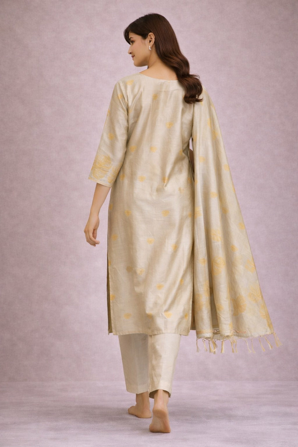 Elegant Beige Silk Blend Kurta Set with Dupatta for Women