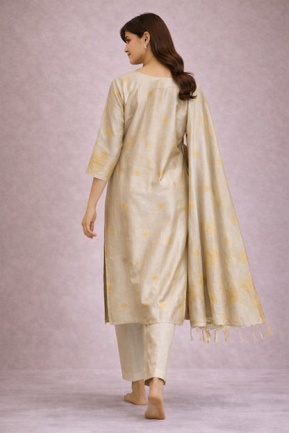Elegant Beige Silk Blend Kurta Set with Dupatta for Women