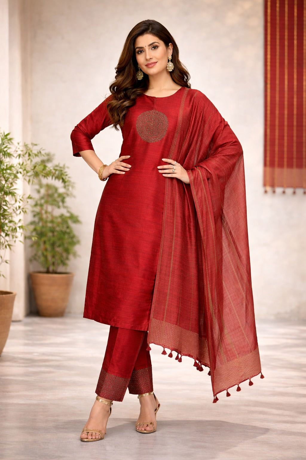 Elegant Red Silk Kurta Set with Dupatta | Festive & Ethnic Wear for Women