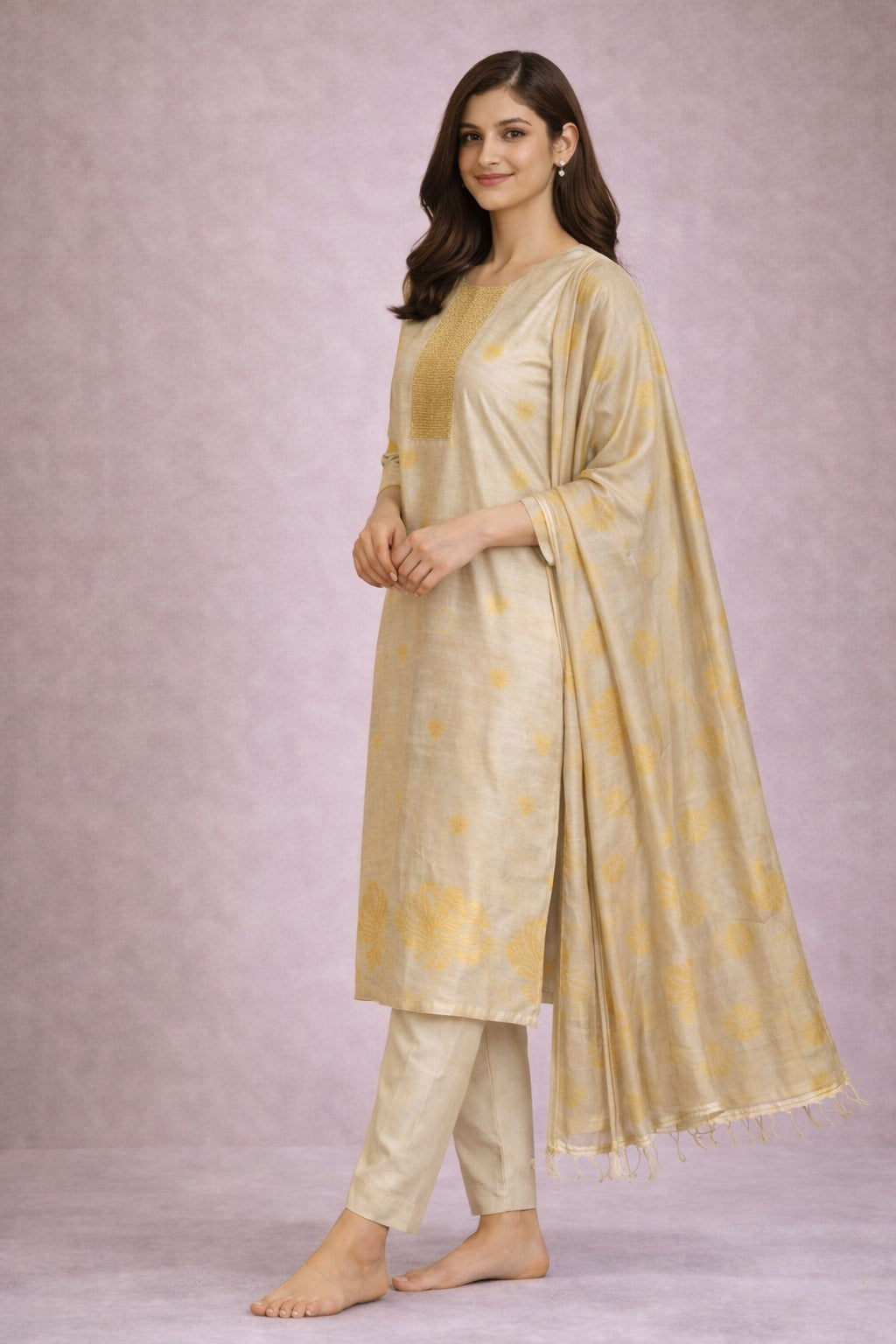 Elegant Beige Silk Blend Kurta Set with Dupatta for Women