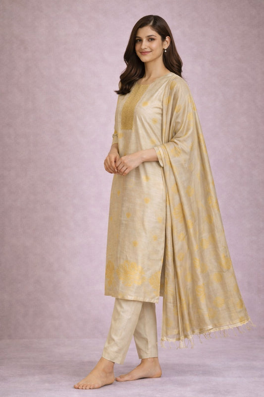 Elegant Beige Silk Blend Kurta Set with Dupatta for Women
