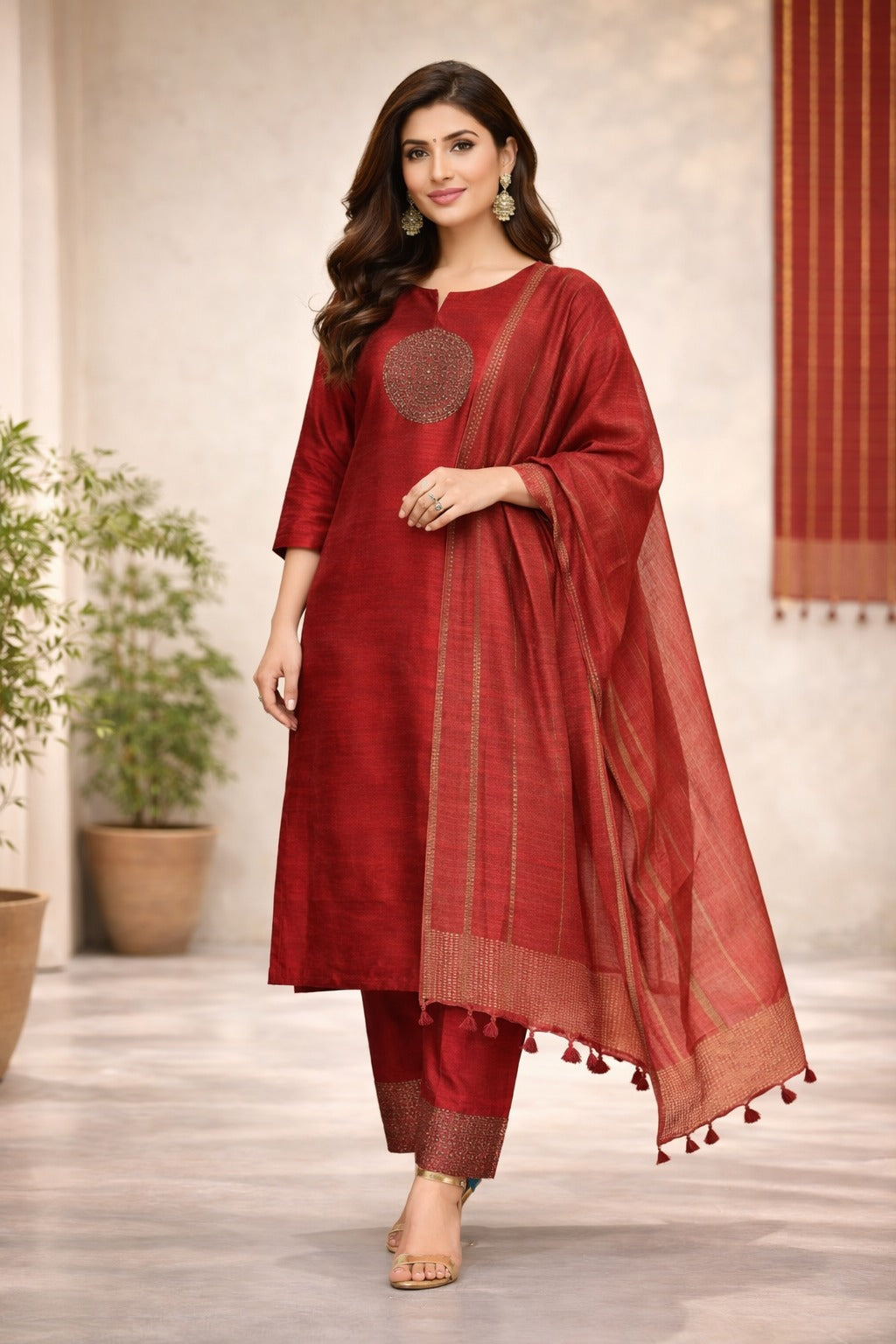 Elegant Red Silk Kurta Set with Dupatta | Festive & Ethnic Wear for Women