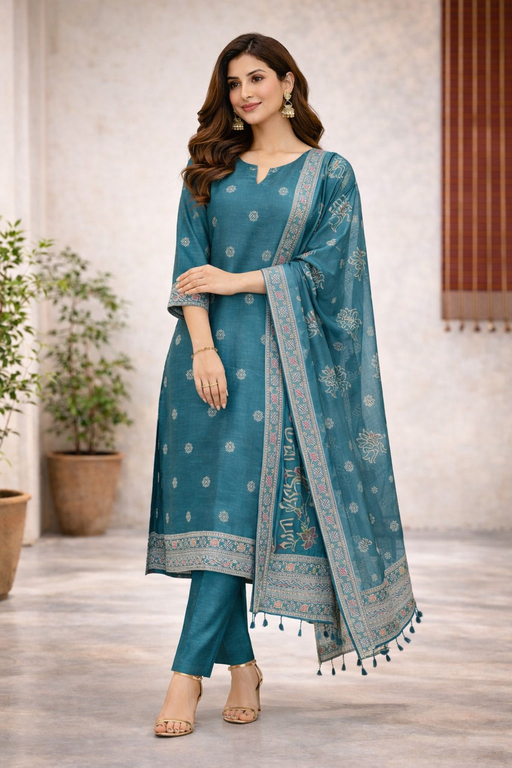 Elegant Teal Ethnic Kurta Set with Printed Dupatta for Women