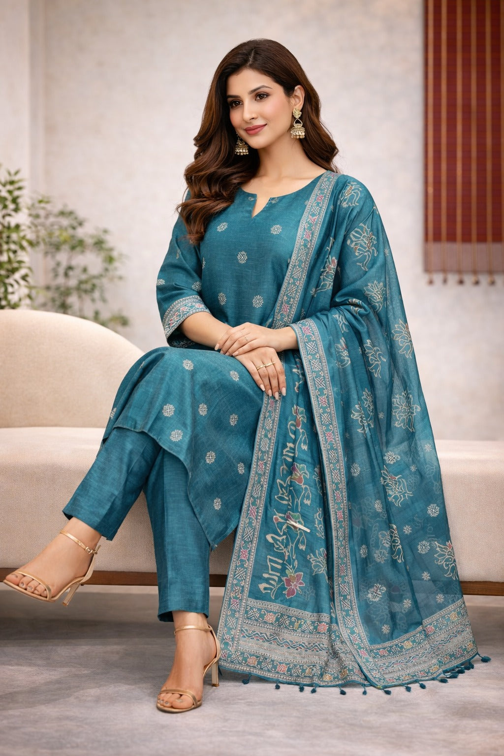 Elegant Teal Ethnic Kurta Set with Printed Dupatta for Women