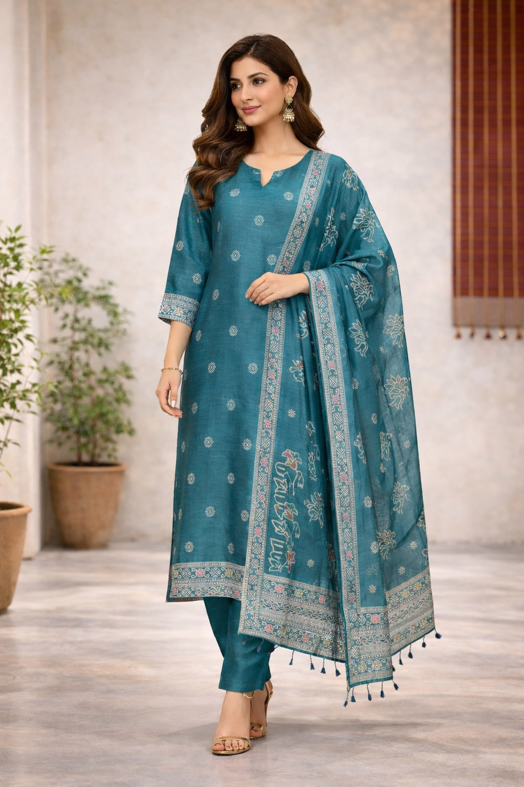 Elegant Teal Ethnic Kurta Set with Printed Dupatta for Women