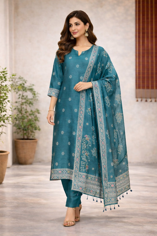 Elegant Teal Ethnic Kurta Set with Printed Dupatta for Women
