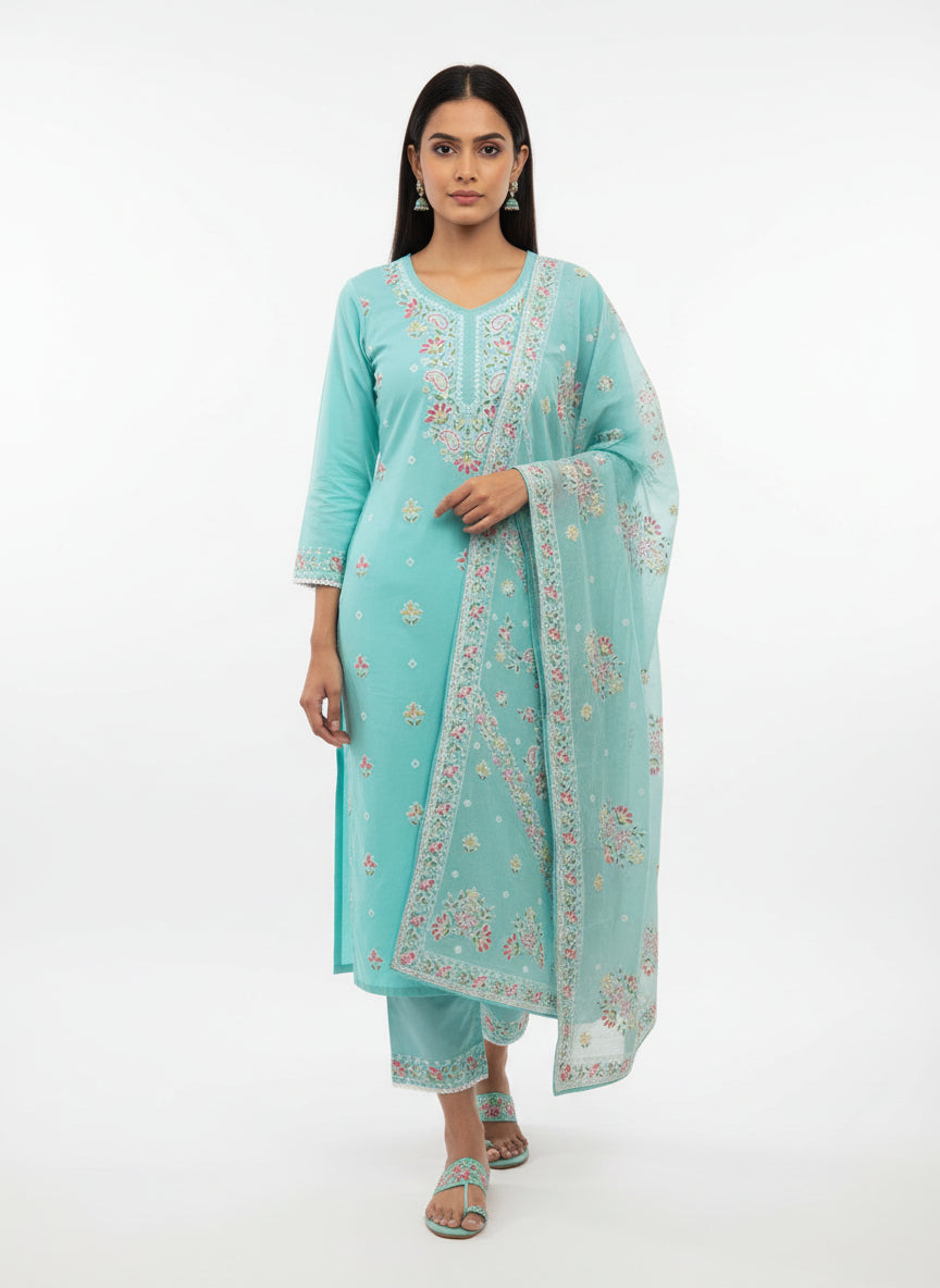 Elegant Aqua Blue Embroidered Kurta Set with Dupatta for Women | Festive & Ethnic Wear