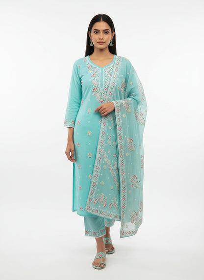Elegant Aqua Blue Embroidered Kurta Set with Dupatta for Women | Festive & Ethnic Wear
