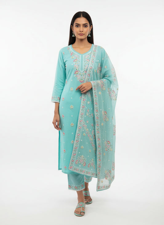 Elegant Aqua Blue Embroidered Kurta Set with Dupatta for Women | Festive & Ethnic Wear