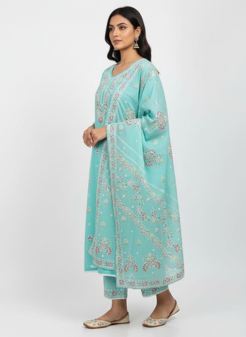 Elegant Aqua Blue Embroidered Kurta Set with Dupatta for Women | Festive & Ethnic Wear