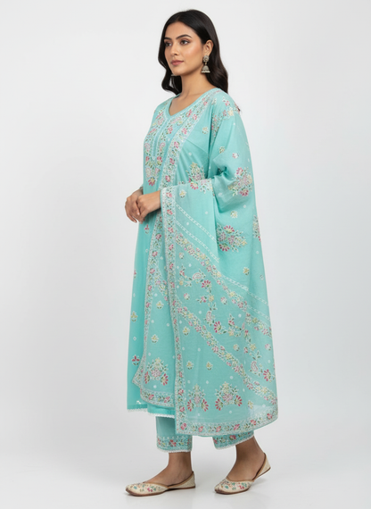 Elegant Aqua Blue Embroidered Kurta Set with Dupatta for Women | Festive & Ethnic Wear