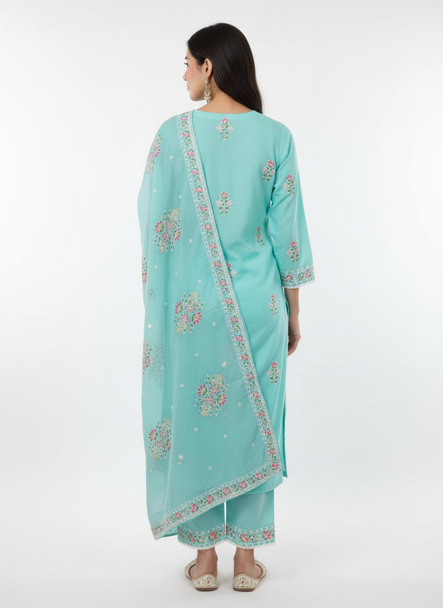 Elegant Aqua Blue Embroidered Kurta Set with Dupatta for Women | Festive & Ethnic Wear
