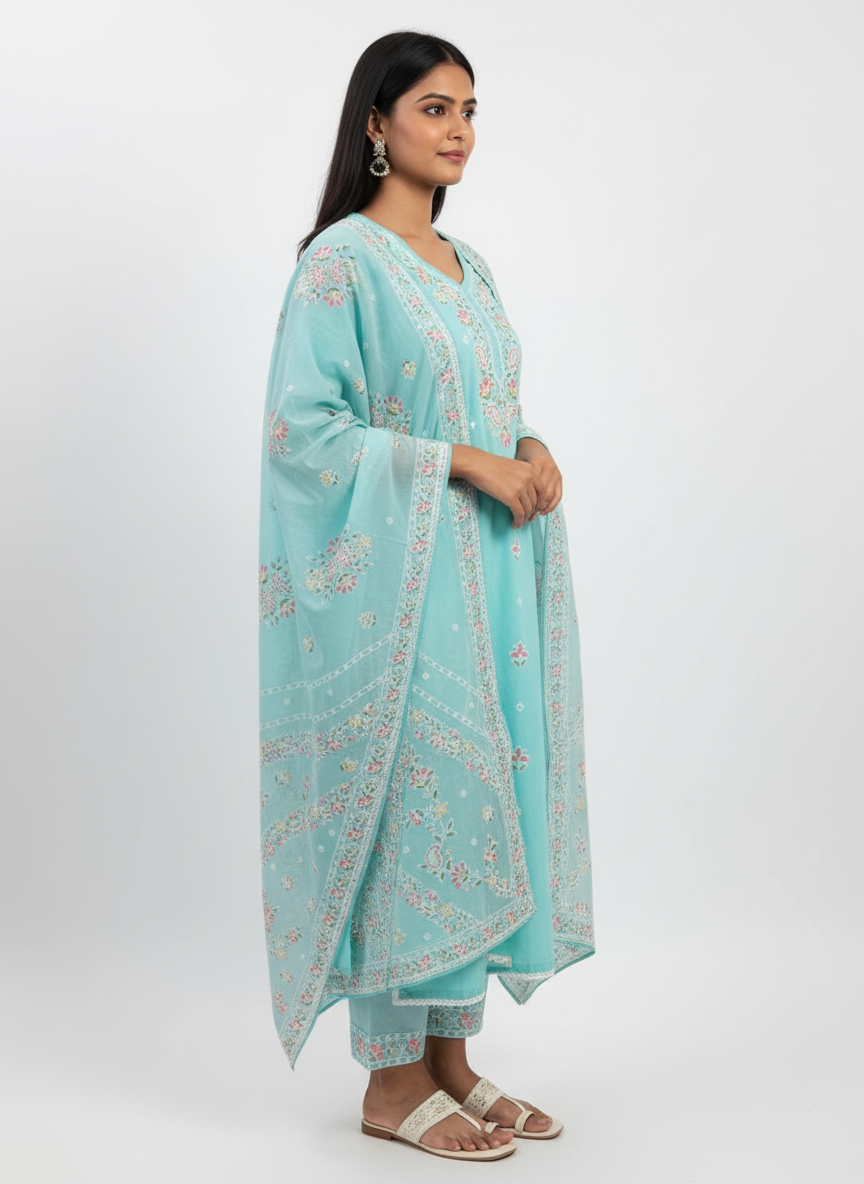 Elegant Aqua Blue Embroidered Kurta Set with Dupatta for Women | Festive & Ethnic Wear