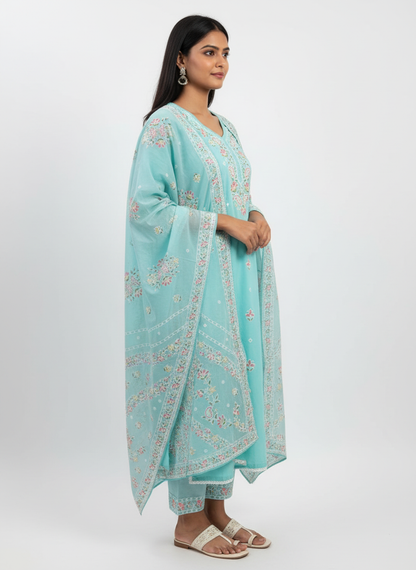 Elegant Aqua Blue Embroidered Kurta Set with Dupatta for Women | Festive & Ethnic Wear