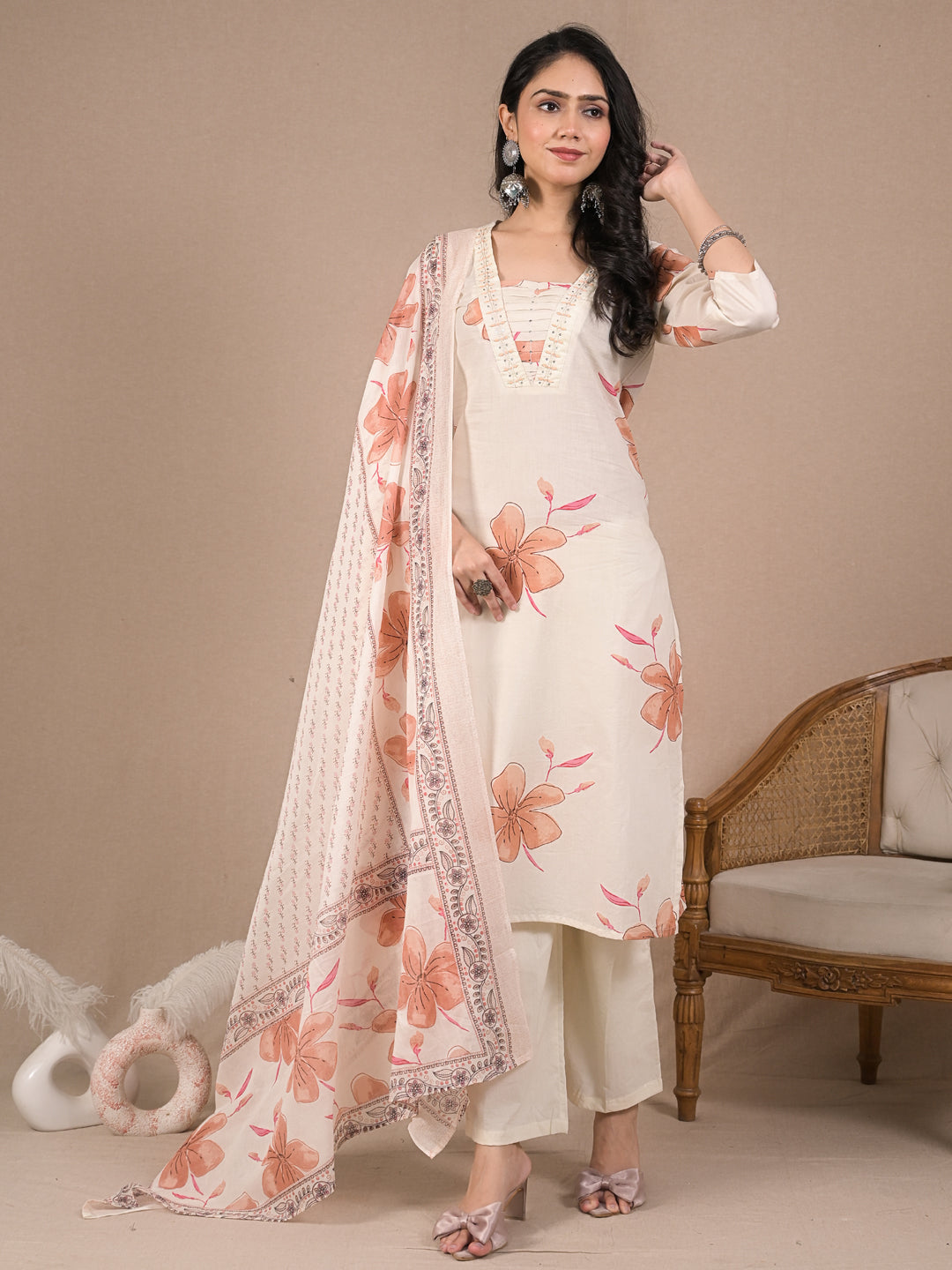 Women’s Ivory Floral Kurta Set with Dupatta | Cotton Ethnic Wear | Festive & Casual