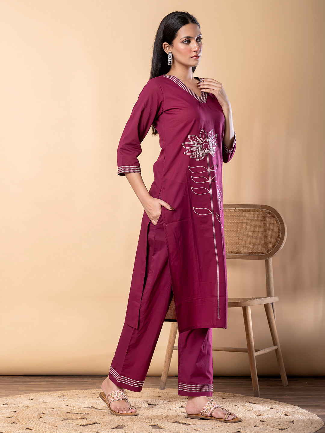 Women’s Maroon Kurta Set with Embroidery & Pants – Ethnic Wear