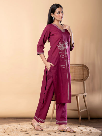 Women’s Maroon Kurta Set with Embroidery & Pants – Ethnic Wear