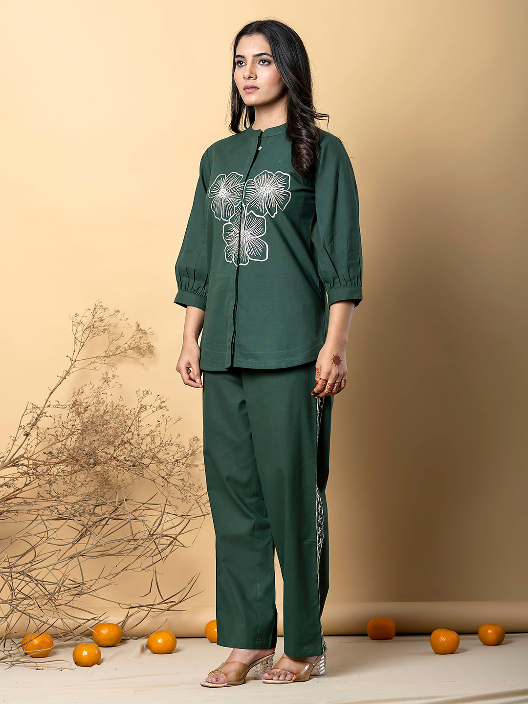Women’s Forest Green Embroidered Co-Ord Set with Floral Motif