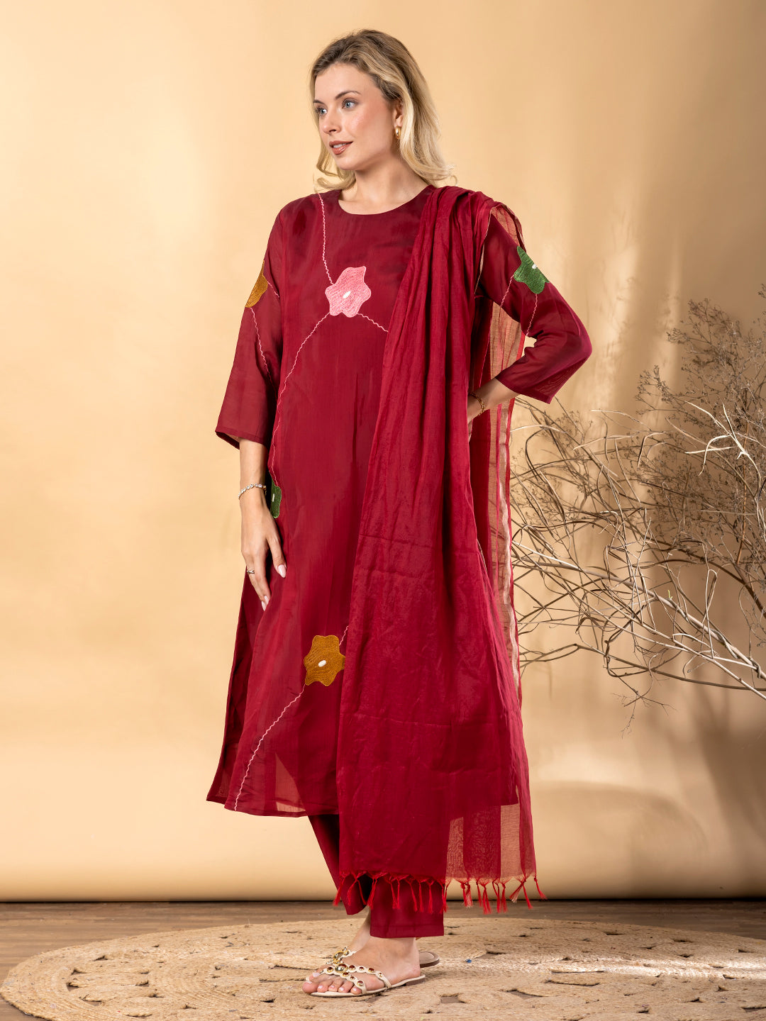 Women’s Maroon Kurta Set with Dupatta & Floral Appliqué Work