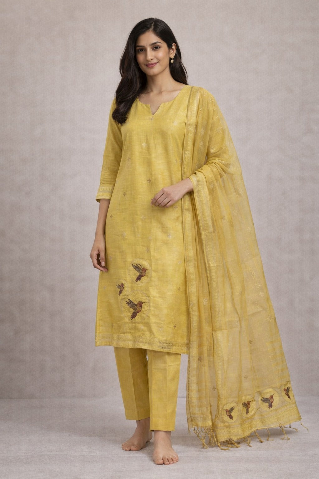 Mustard Yellow Cotton Kurta Set with Dupatta & Bird Motif Embroidery