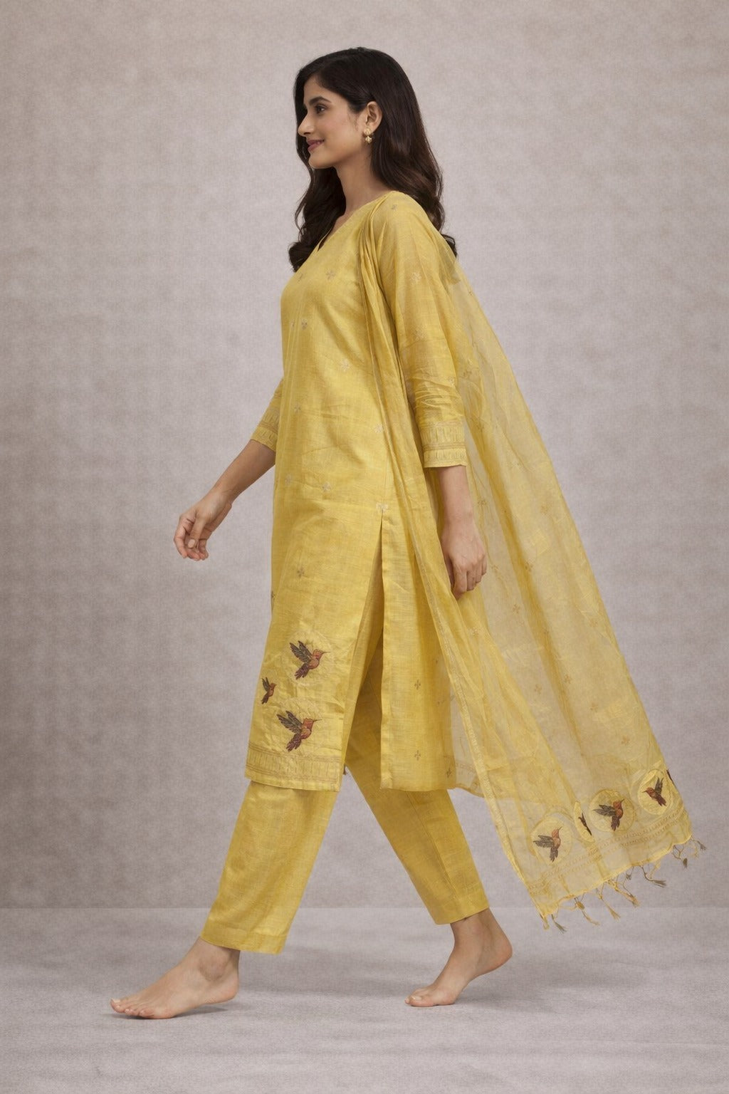 Mustard Yellow Cotton Kurta Set with Dupatta & Bird Motif Embroidery