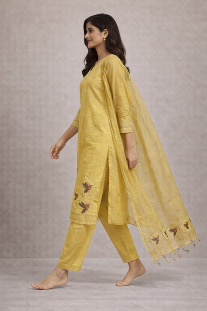 Mustard Yellow Cotton Kurta Set with Dupatta & Bird Motif Embroidery