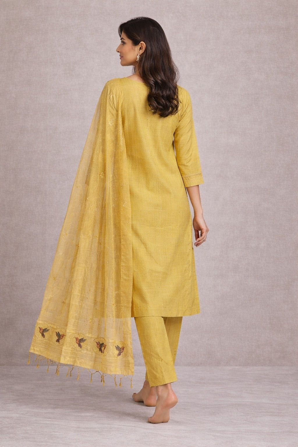 Mustard Yellow Cotton Kurta Set with Dupatta & Bird Motif Embroidery