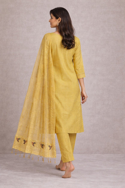 Mustard Yellow Cotton Kurta Set with Dupatta & Bird Motif Embroidery