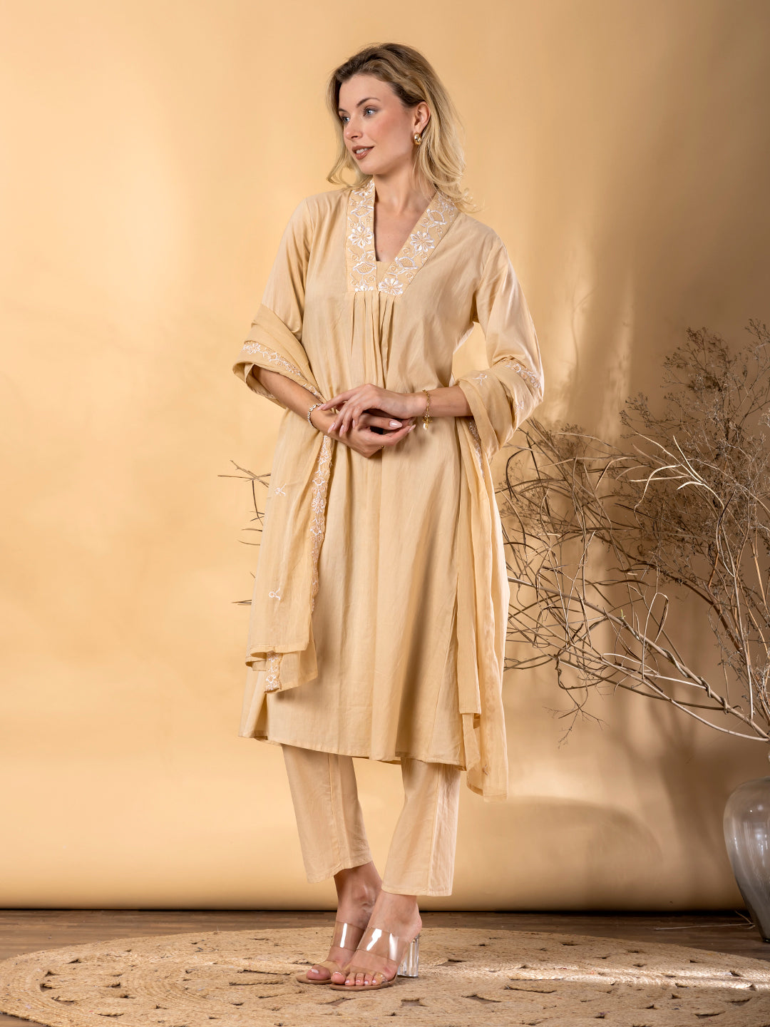 Women’s Beige Embroidered Cotton Kurta Set with Dupatta – Elegant Ethnic Wear