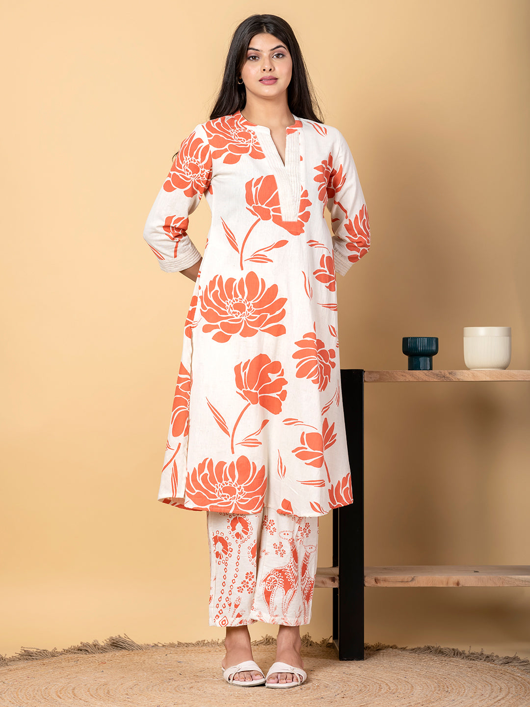 Women’s Floral Printed Kurta Set with Pants – Ivory & Coral Ethnic Wear