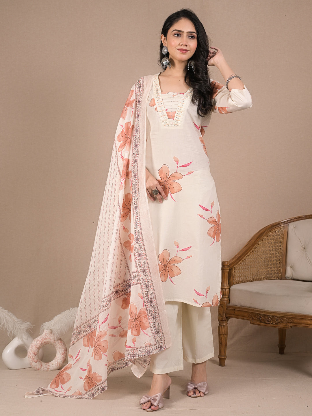 Women’s Ivory Floral Kurta Set with Dupatta | Cotton Ethnic Wear | Festive & Casual