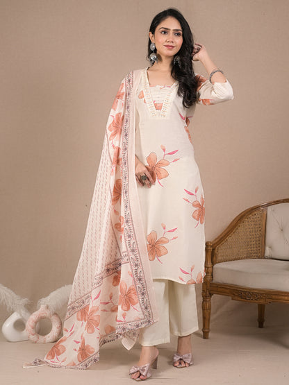 Women’s Ivory Floral Kurta Set with Dupatta | Cotton Ethnic Wear | Festive & Casual