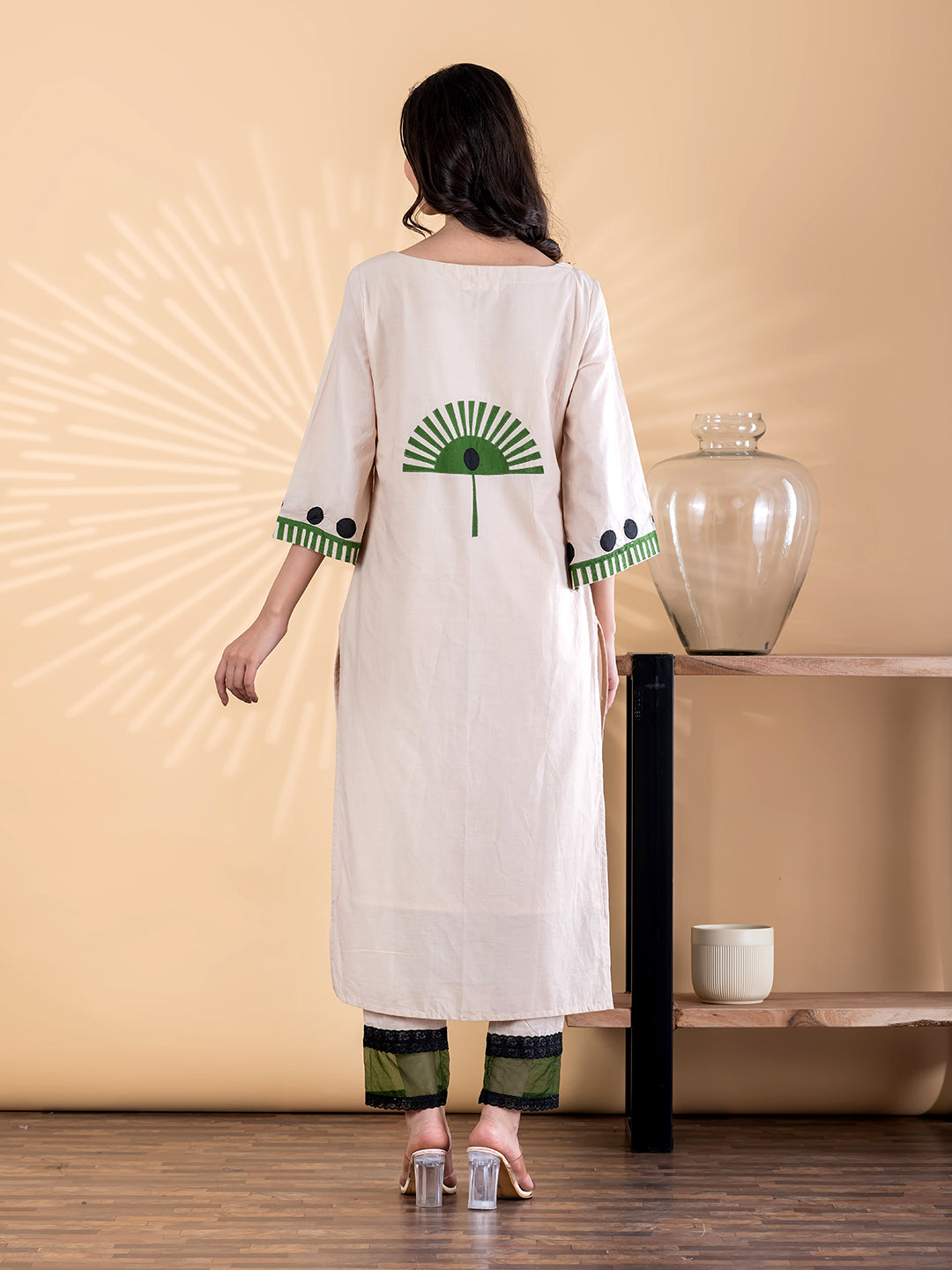 Beige Printed Kurta Pant Set for Women with Green Motif Design