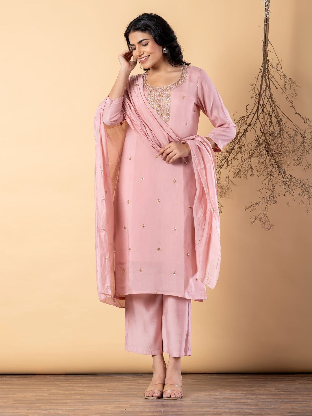 Women’s Pink Embellished Kurta Set with Dupatta & Pants