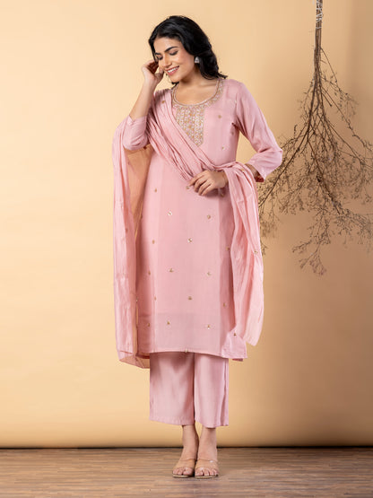 Women’s Pink Embellished Kurta Set with Dupatta & Pants