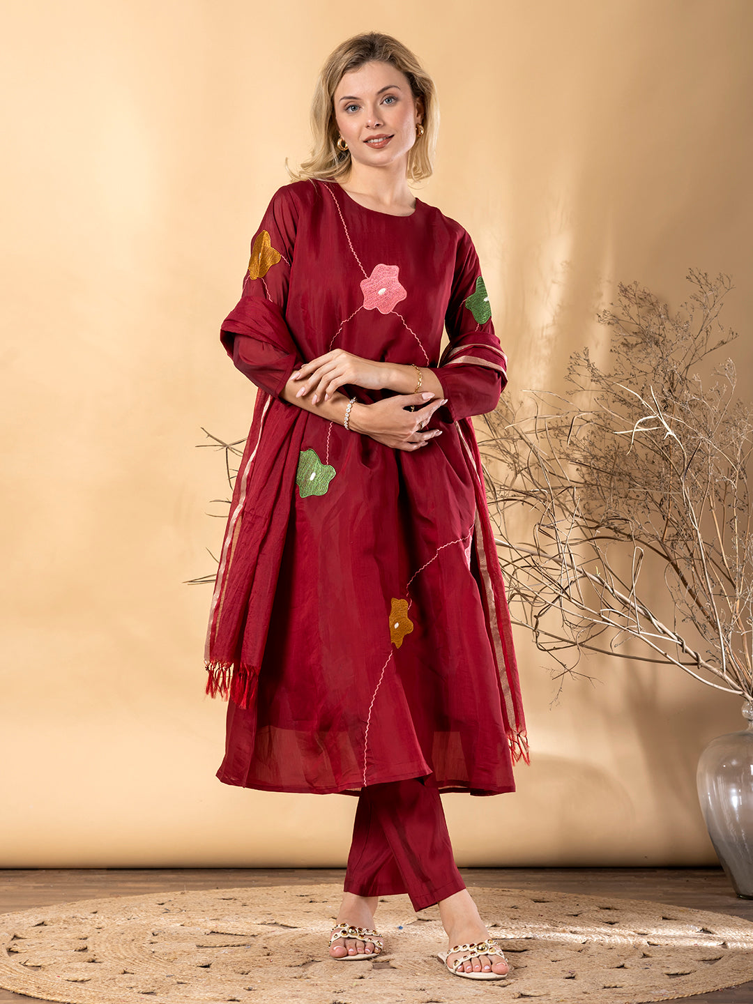 Women’s Maroon Kurta Set with Dupatta & Floral Appliqué Work
