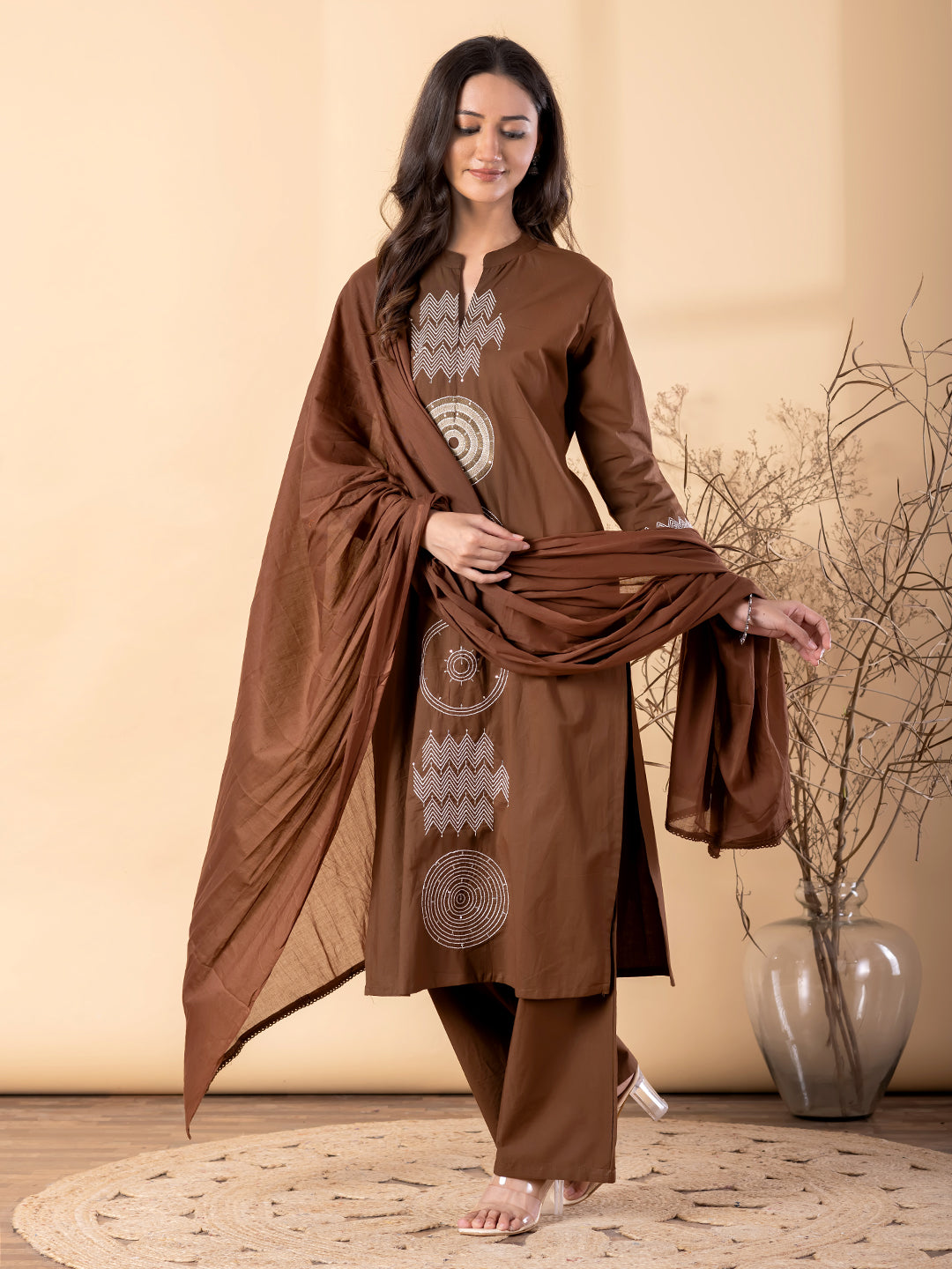 Women’s Brown Kurta Set with Dupatta & Embroidery – Ethnic Wear