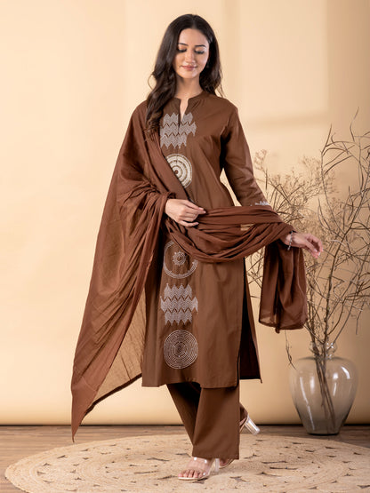 Women’s Brown Kurta Set with Dupatta & Embroidery – Ethnic Wear