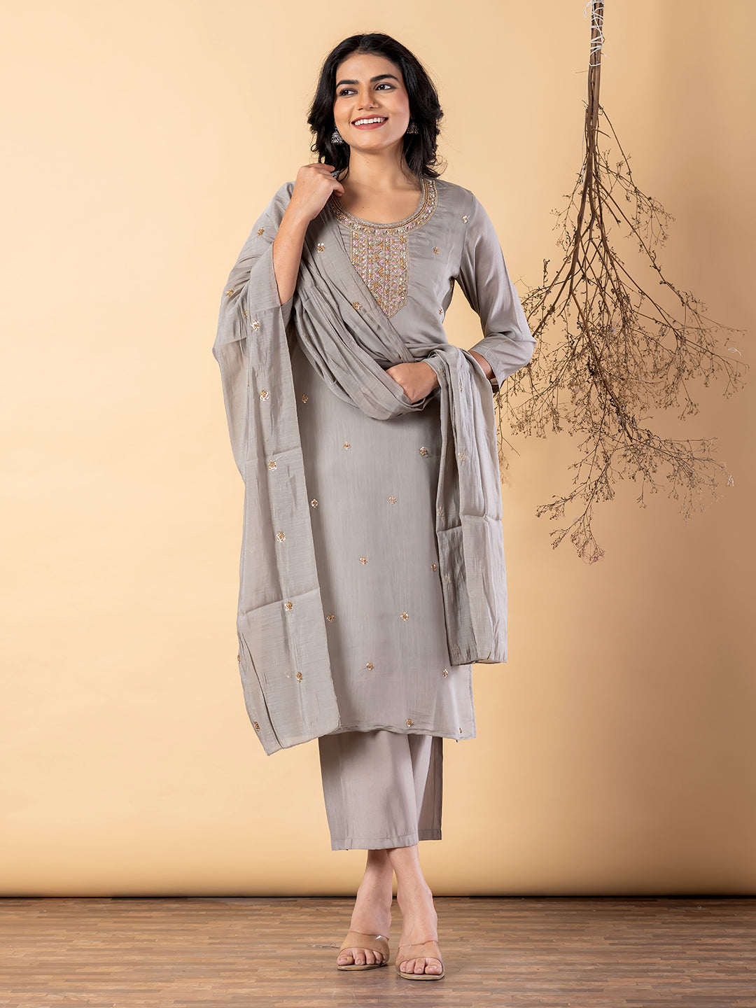 Women’s Grey Embroidered Kurta Set with Dupatta & Pants