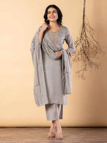 Women’s Grey Embroidered Kurta Set with Dupatta & Pants