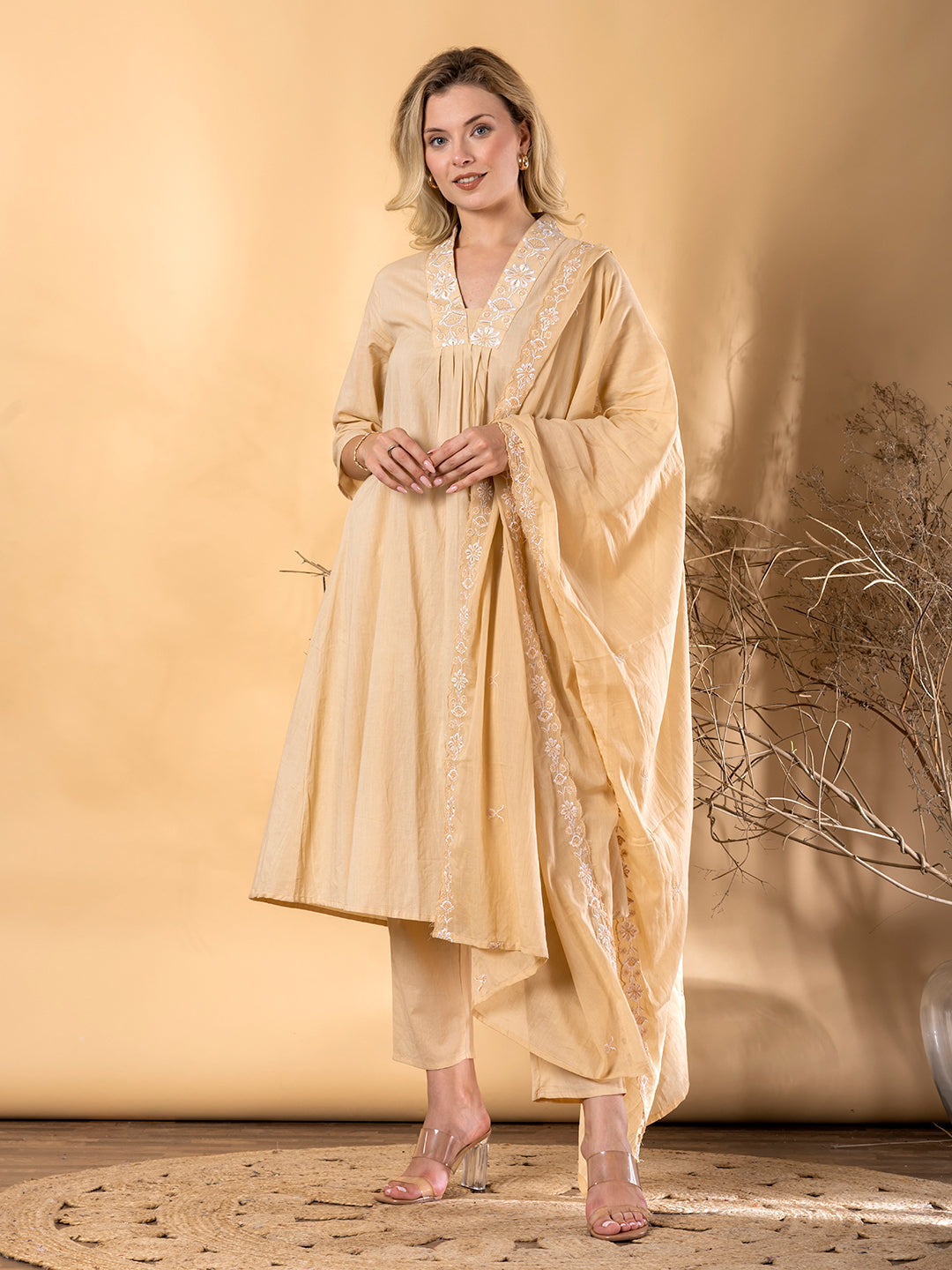 Women’s Beige Embroidered Cotton Kurta Set with Dupatta – Elegant Ethnic Wear
