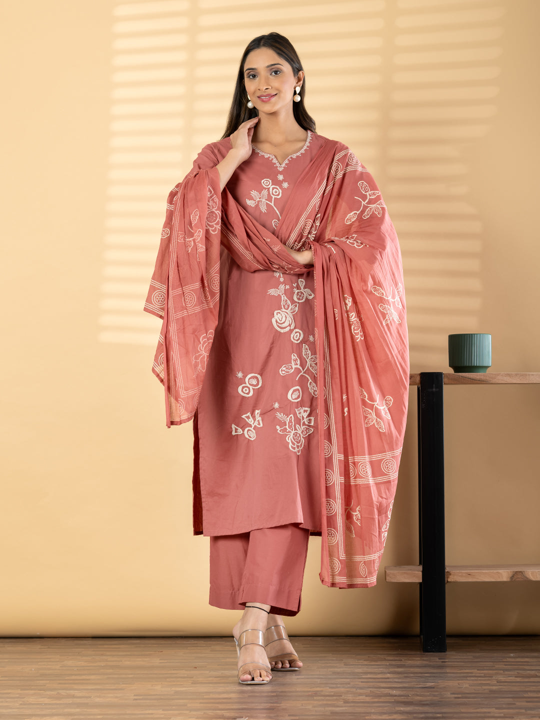 Dusty Rose Embroidered Kurta Set with Dupatta for Women