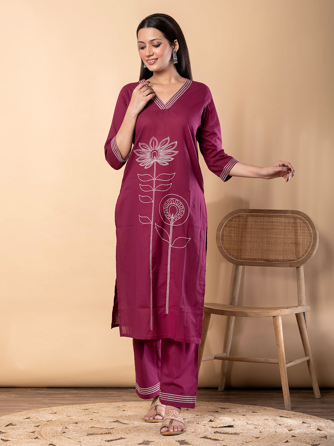 Women’s Maroon Kurta Set with Embroidery & Pants – Ethnic Wear