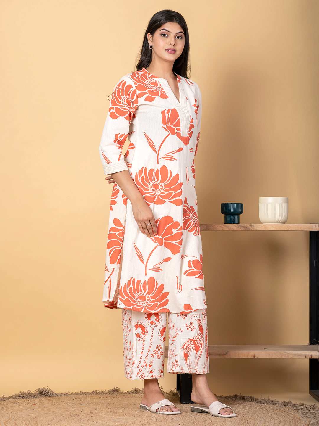 Women’s Floral Printed Kurta Set with Pants – Ivory & Coral Ethnic Wear