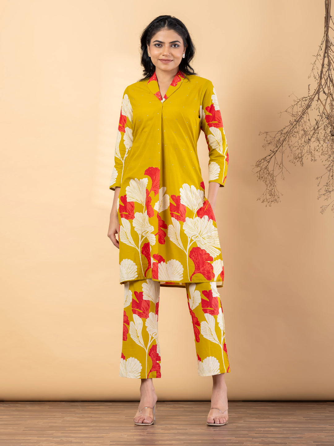 Mustard Yellow Floral Printed Kurta Pant Set for Women