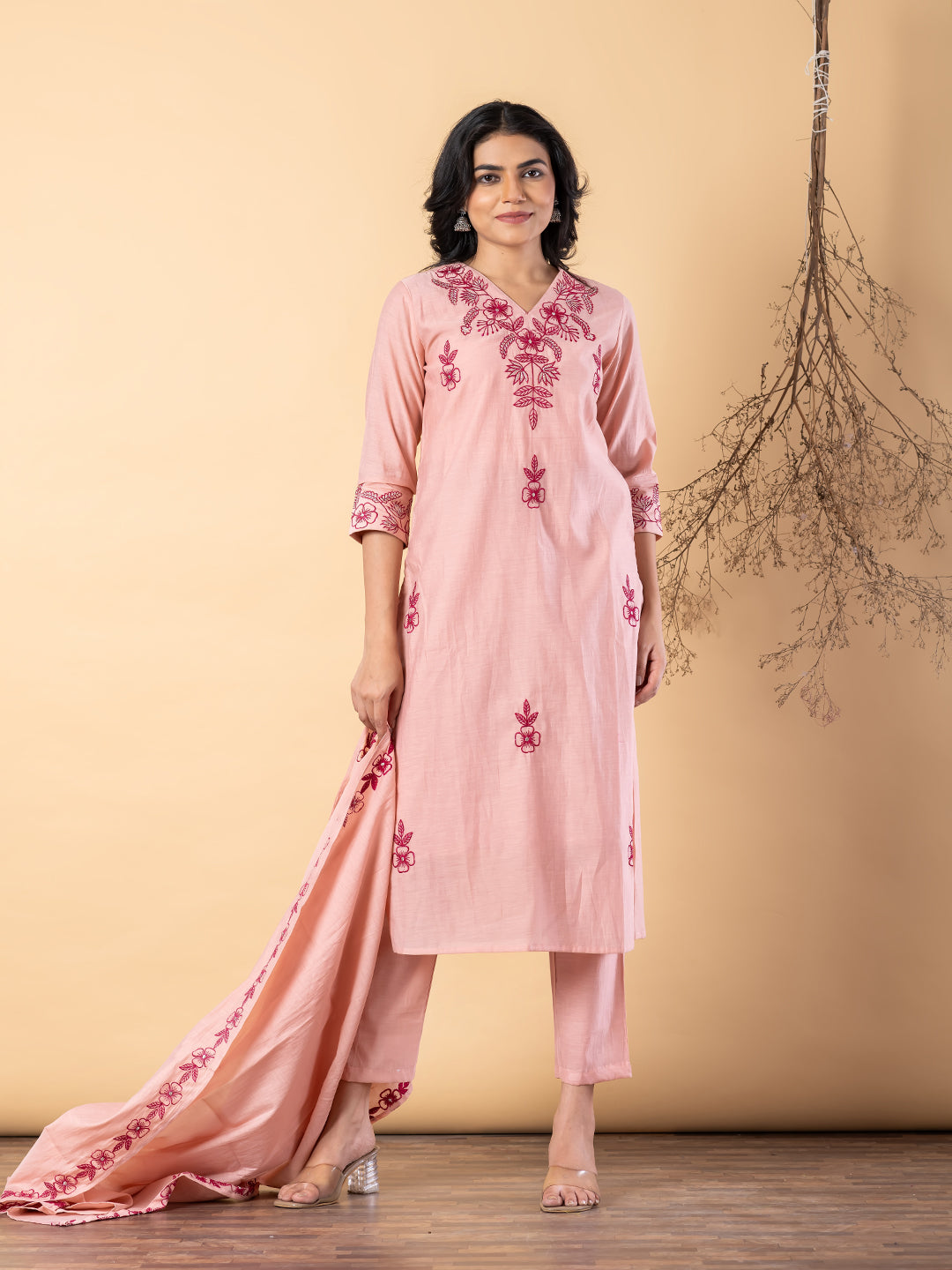 Women’s Peach Embroidered Kurta Set with Dupatta & Pants