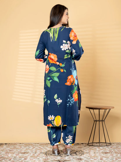 Women’s Navy Blue Floral Printed Kurta Set with Pants – Ethnic Wear