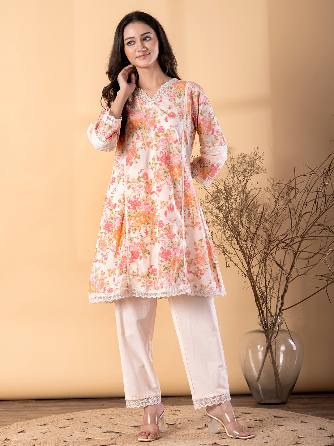 Women’s Cream Floral Printed Kurta Set with Pants – Ethnic Wear