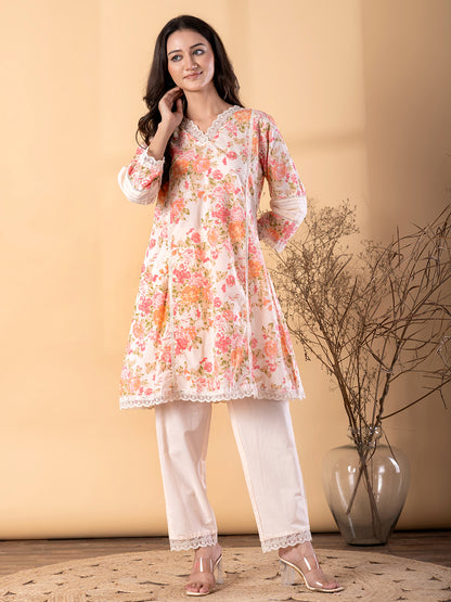 Women’s Cream Floral Printed Kurta Set with Pants – Ethnic Wear