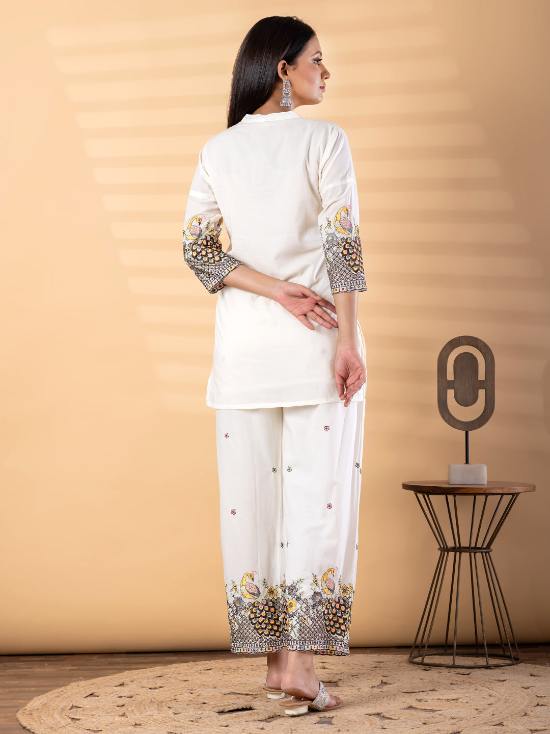 Women’s White Kurta Set with Embroidery & Printed Pants – Ethnic Wear